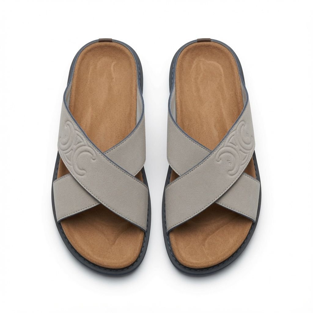 Mens Grey Cross Strap Comfort Slide Sandals
